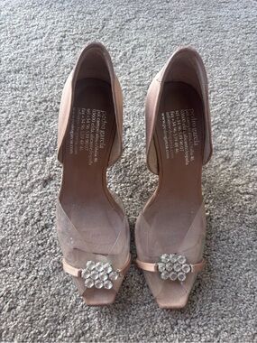 Pedro Garcia Blush Pink D'Orsay Peep-Toe Heels with Crystal Cluster